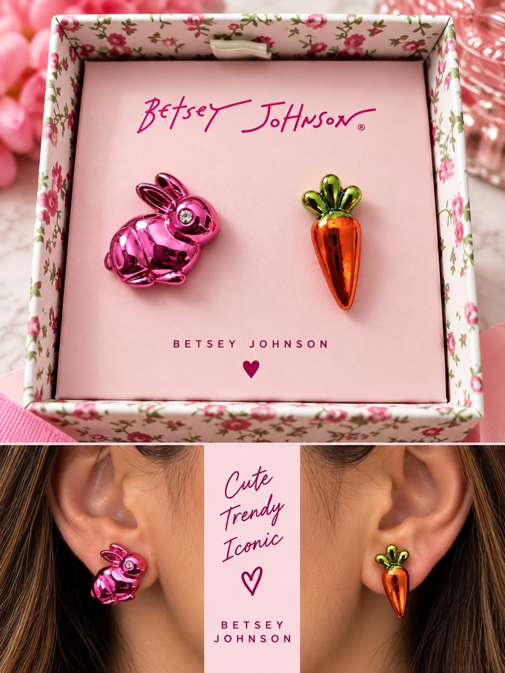 Betsey Johnson Metallic Pink Bunny & Orange Carrot Stud Earrings